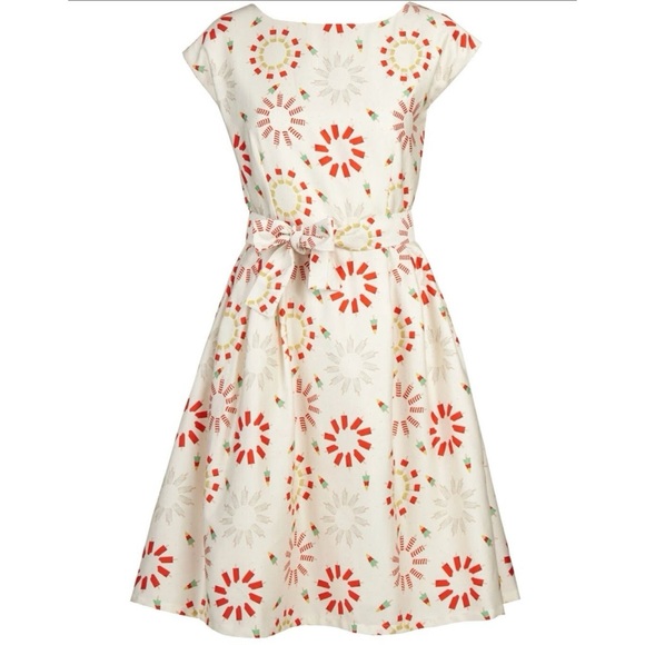 Palava Organic Cotton Printed Fit & Flare Dress UK 14 Retro Floral Popsicle - Picture 2 of 11